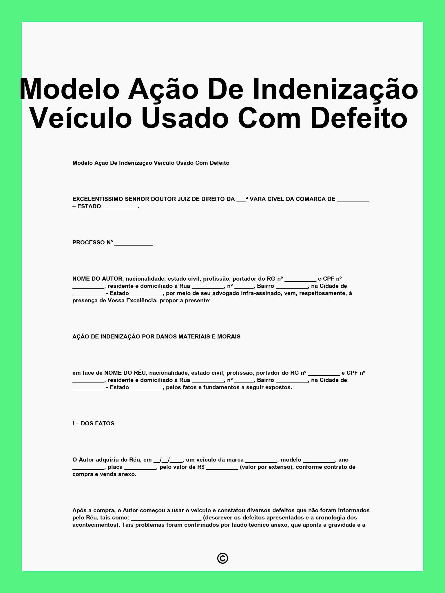 Modelo Ação De Indenização Veículo Usado Com Defeito