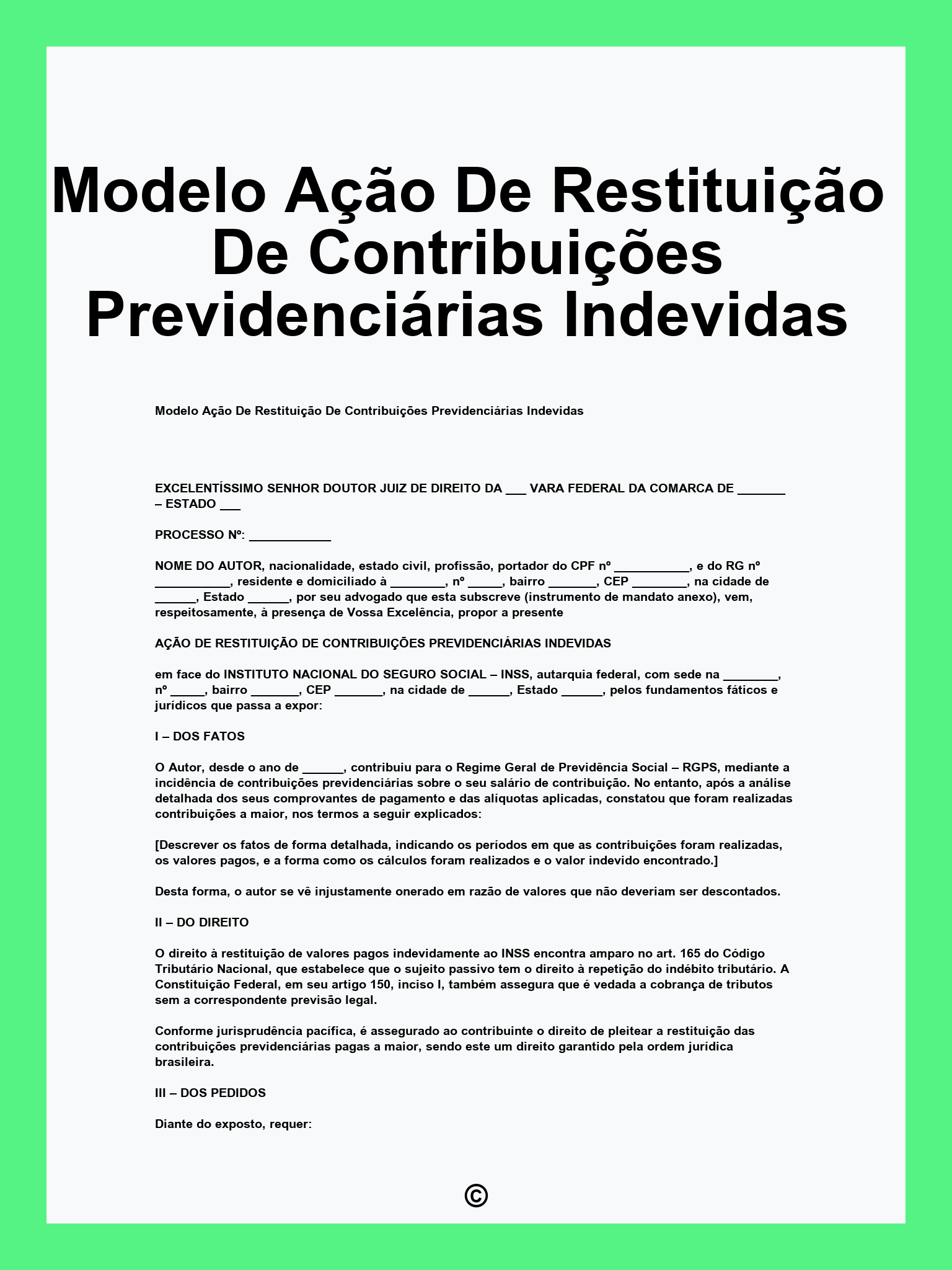 Modelo Ação De Restituição De Contribuições Previdenciárias Indevidas