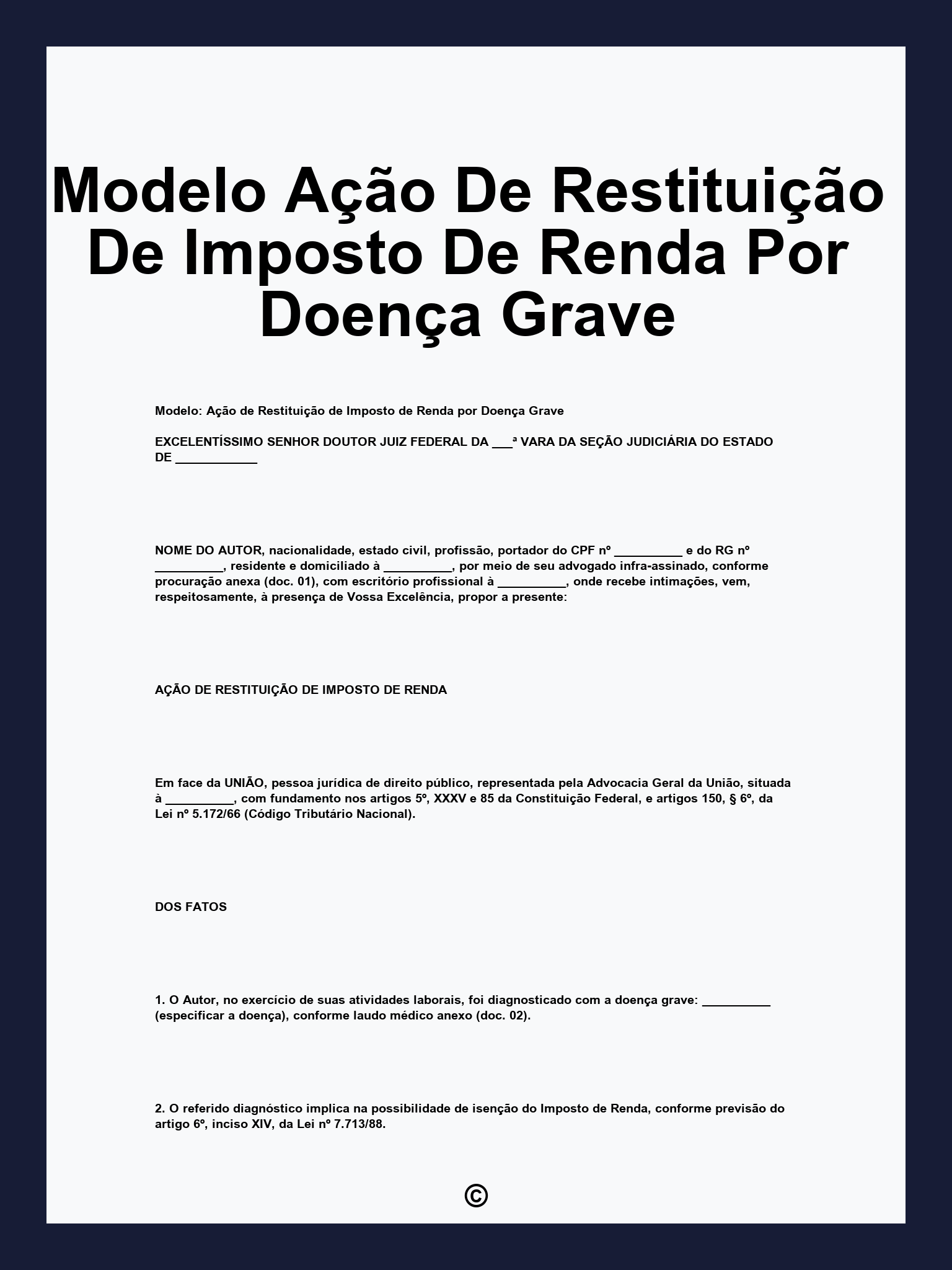 Modelo Ação De Restituição De Imposto De Renda Por Doença Grave