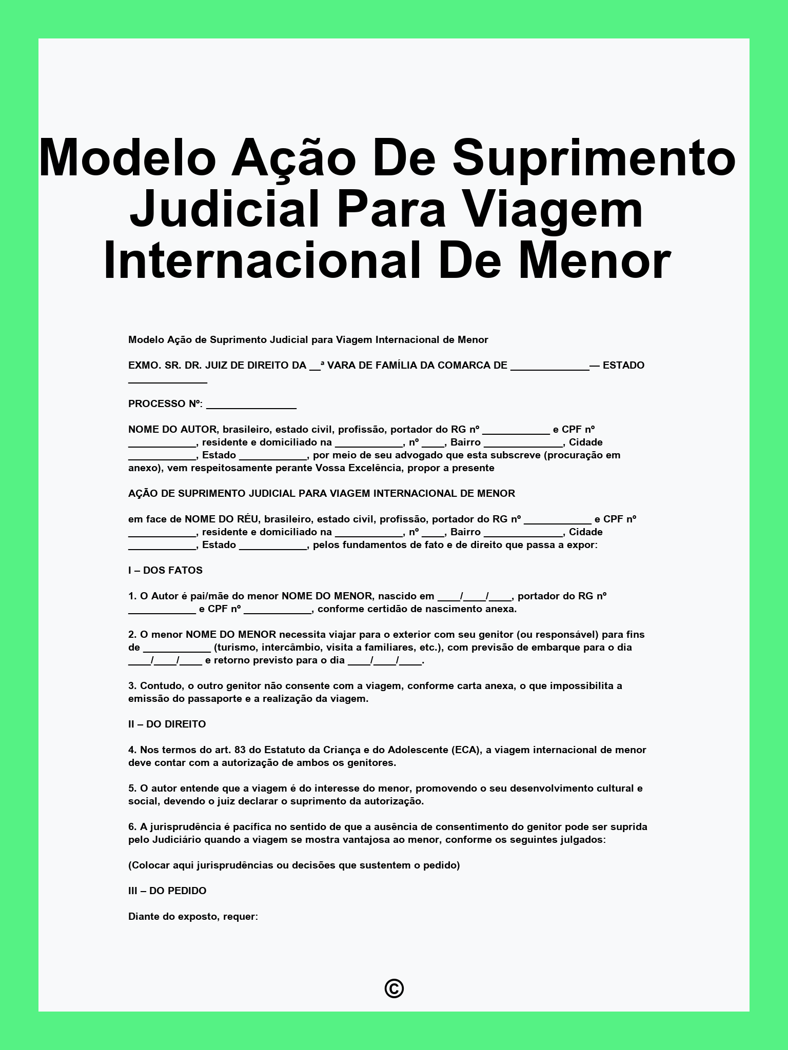 Modelo Ação De Suprimento Judicial Para Viagem Internacional De Menor