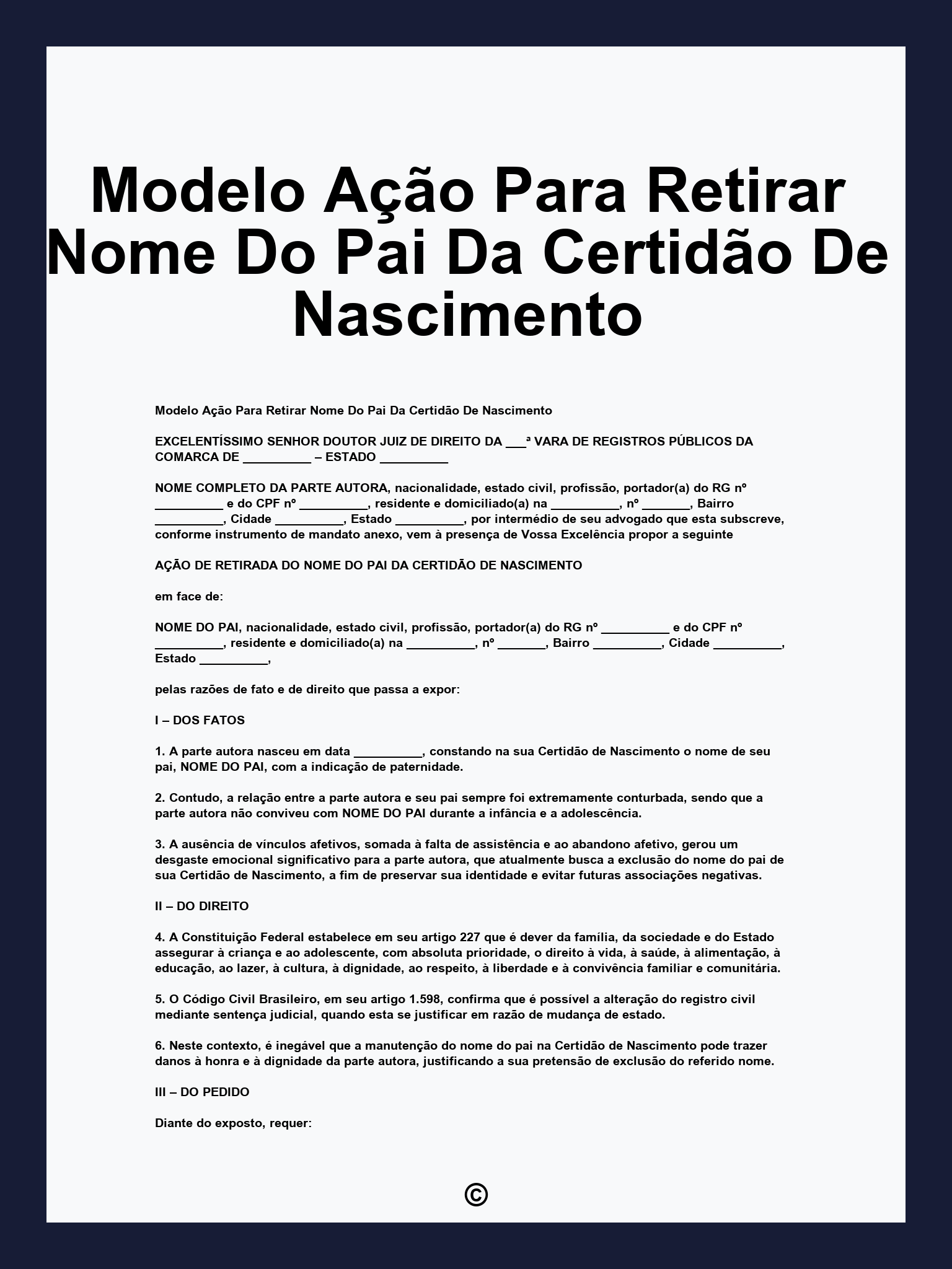 Modelo Ação Para Retirar Nome Do Pai Da Certidão De Nascimento