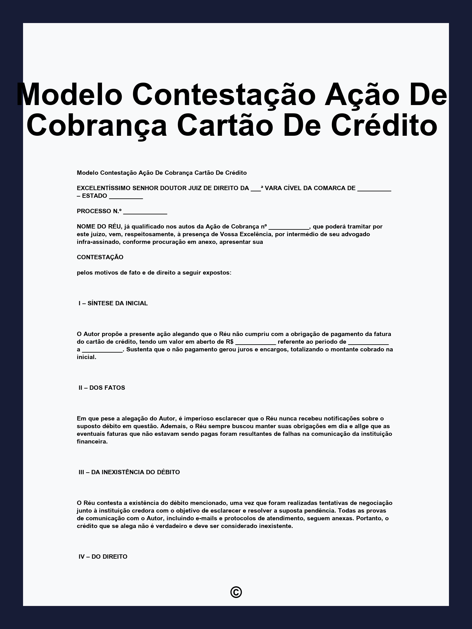 Modelo Contestação Ação De Cobrança Cartão De Crédito