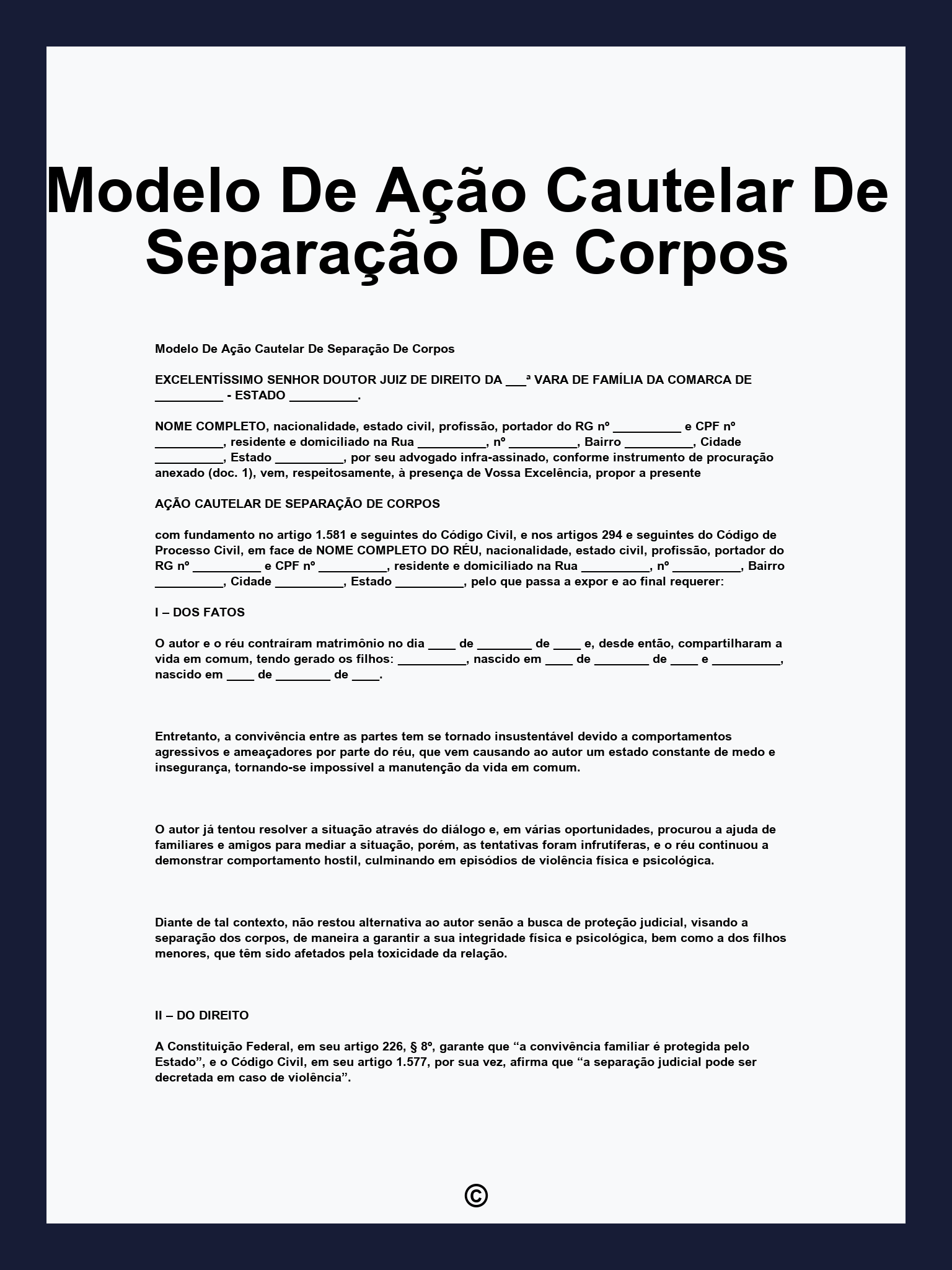Modelo De Ação Cautelar De Separação De Corpos