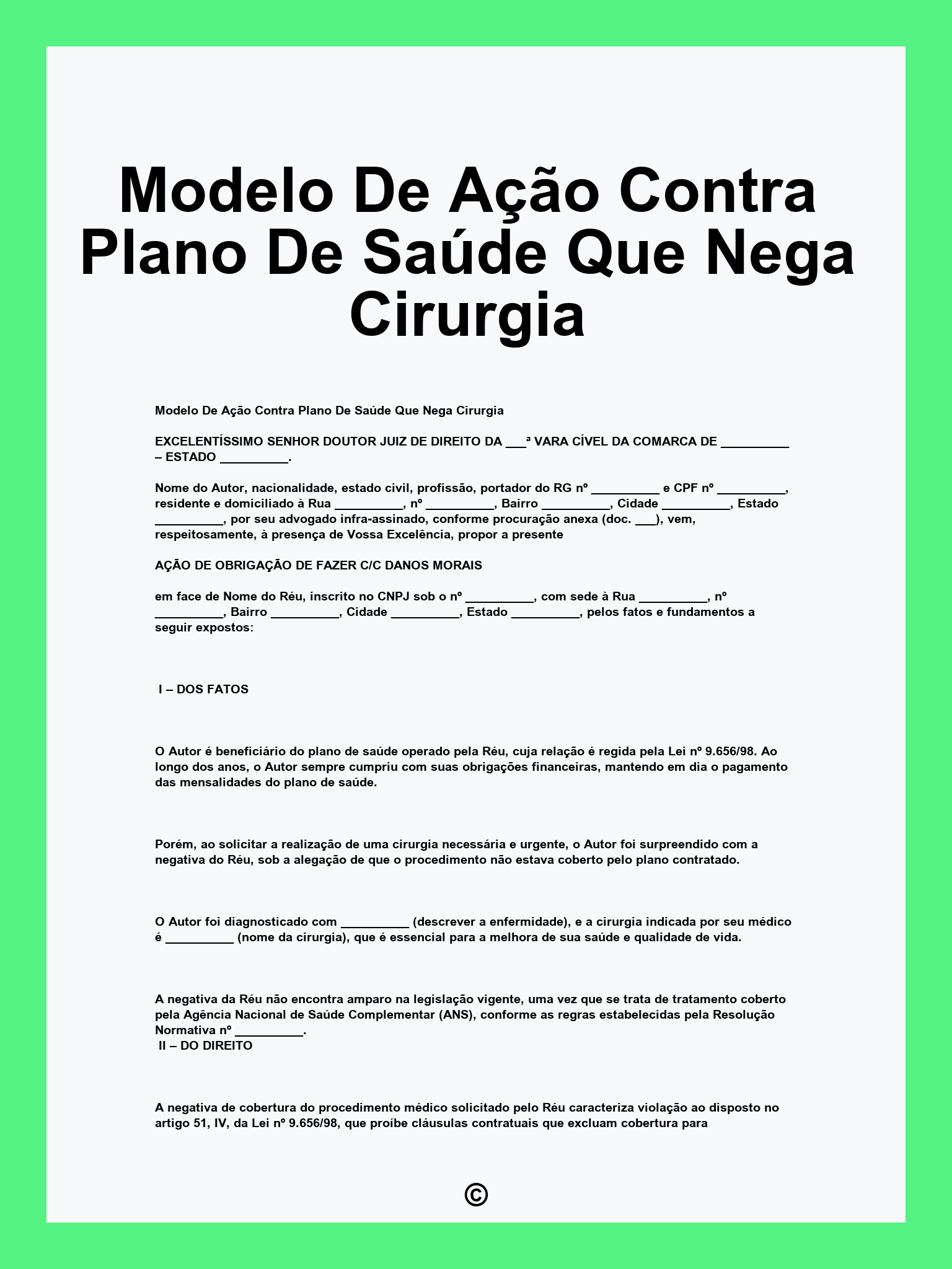Modelo De Ação Contra Plano De Saúde Que Nega Cirurgia