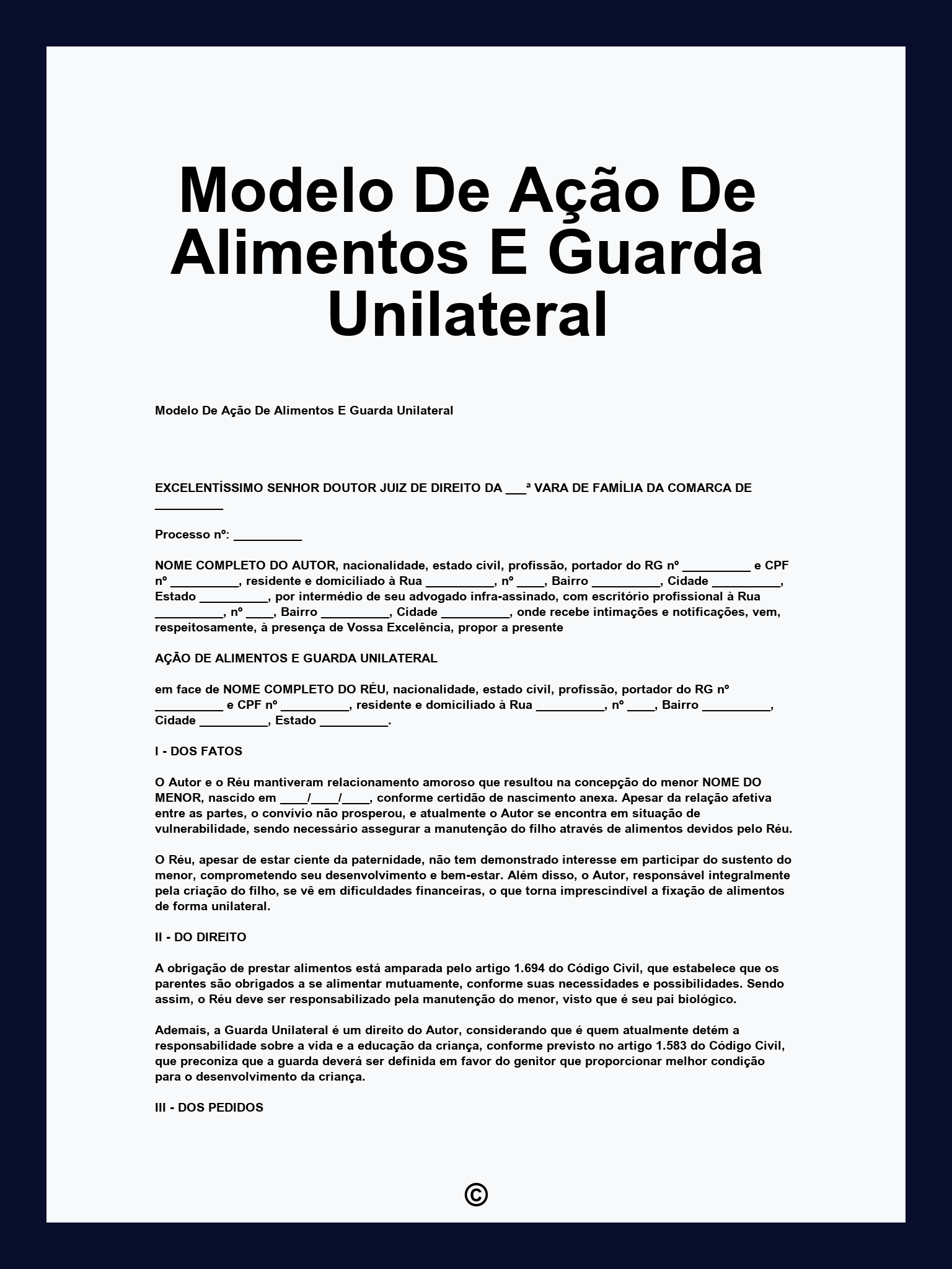 Modelo De Ação De Alimentos E Guarda Unilateral