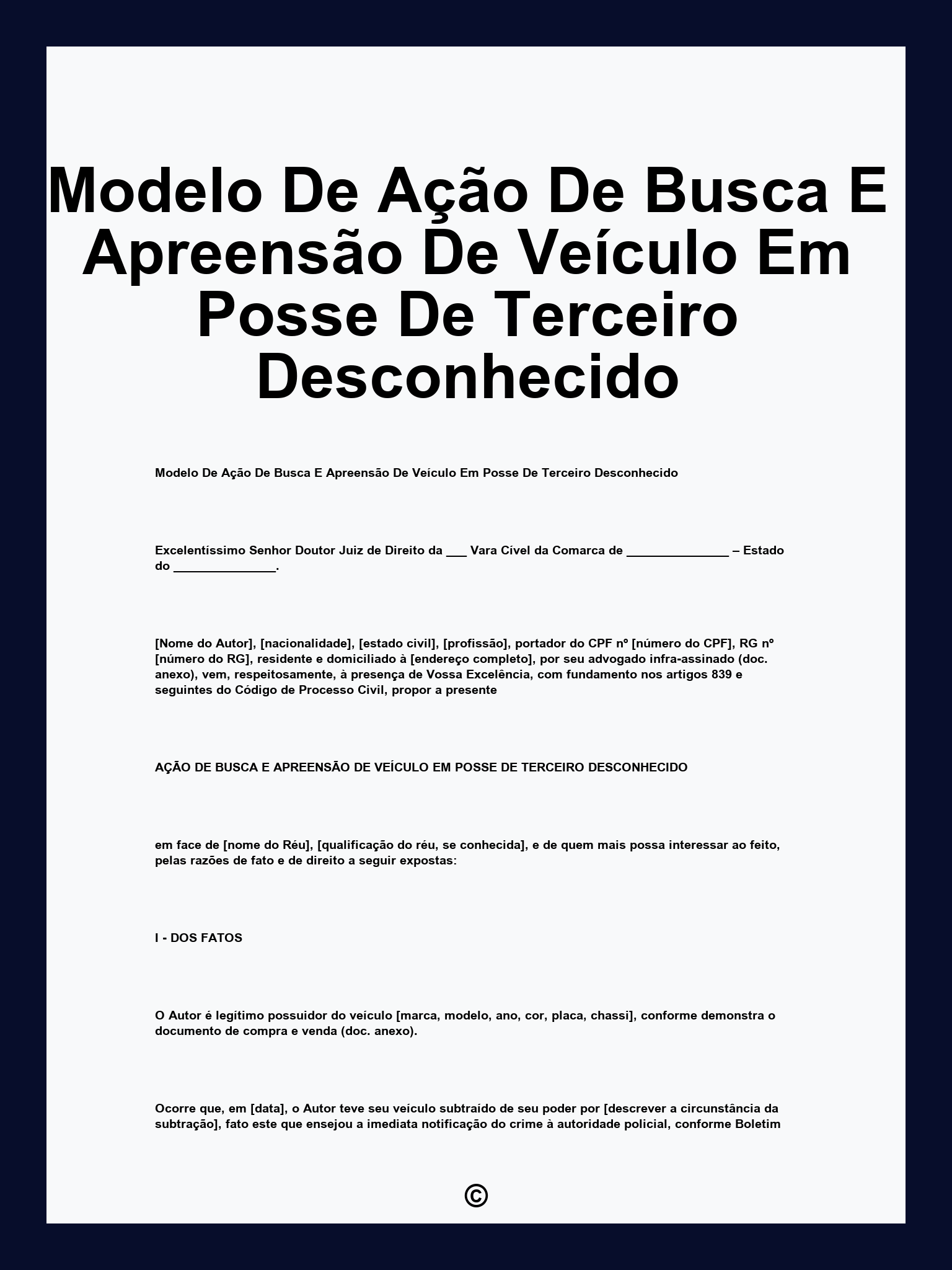 Modelo De Ação De Busca E Apreensão De Veículo Em Posse De Terceiro Desconhecido