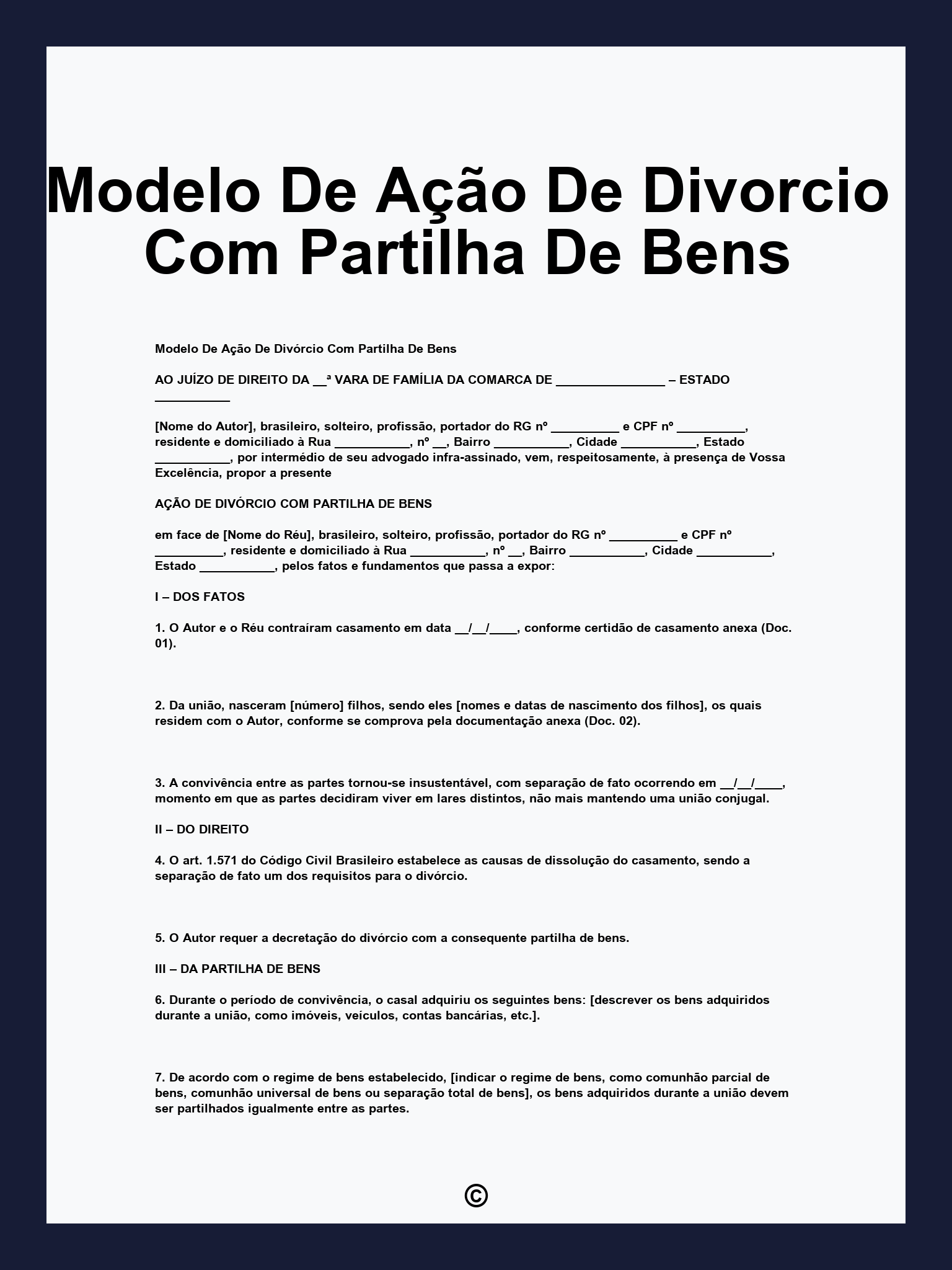 Modelo De Ação De Divorcio Com Partilha De Bens