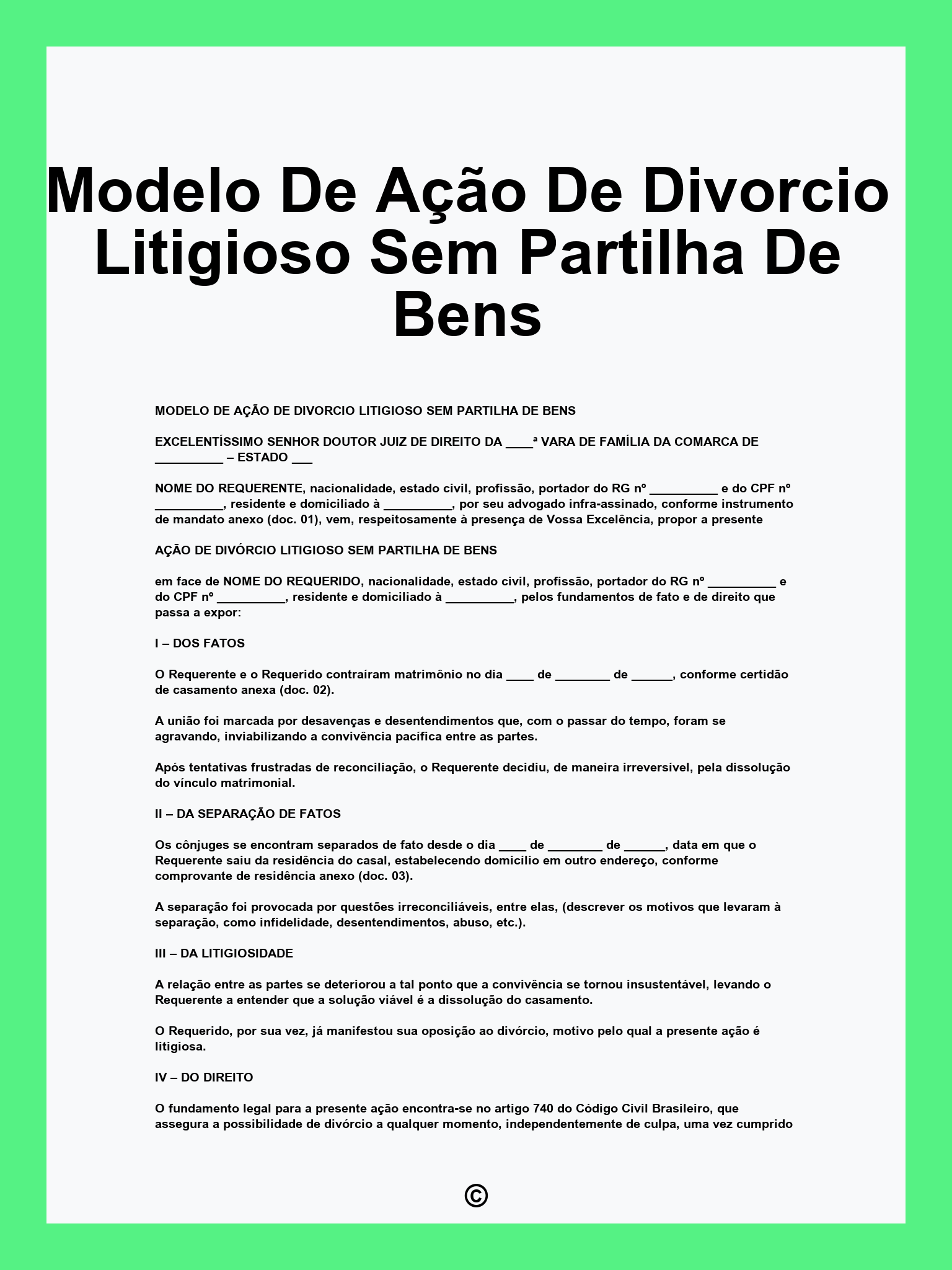 Modelo De Ação De Divorcio Litigioso Sem Partilha De Bens