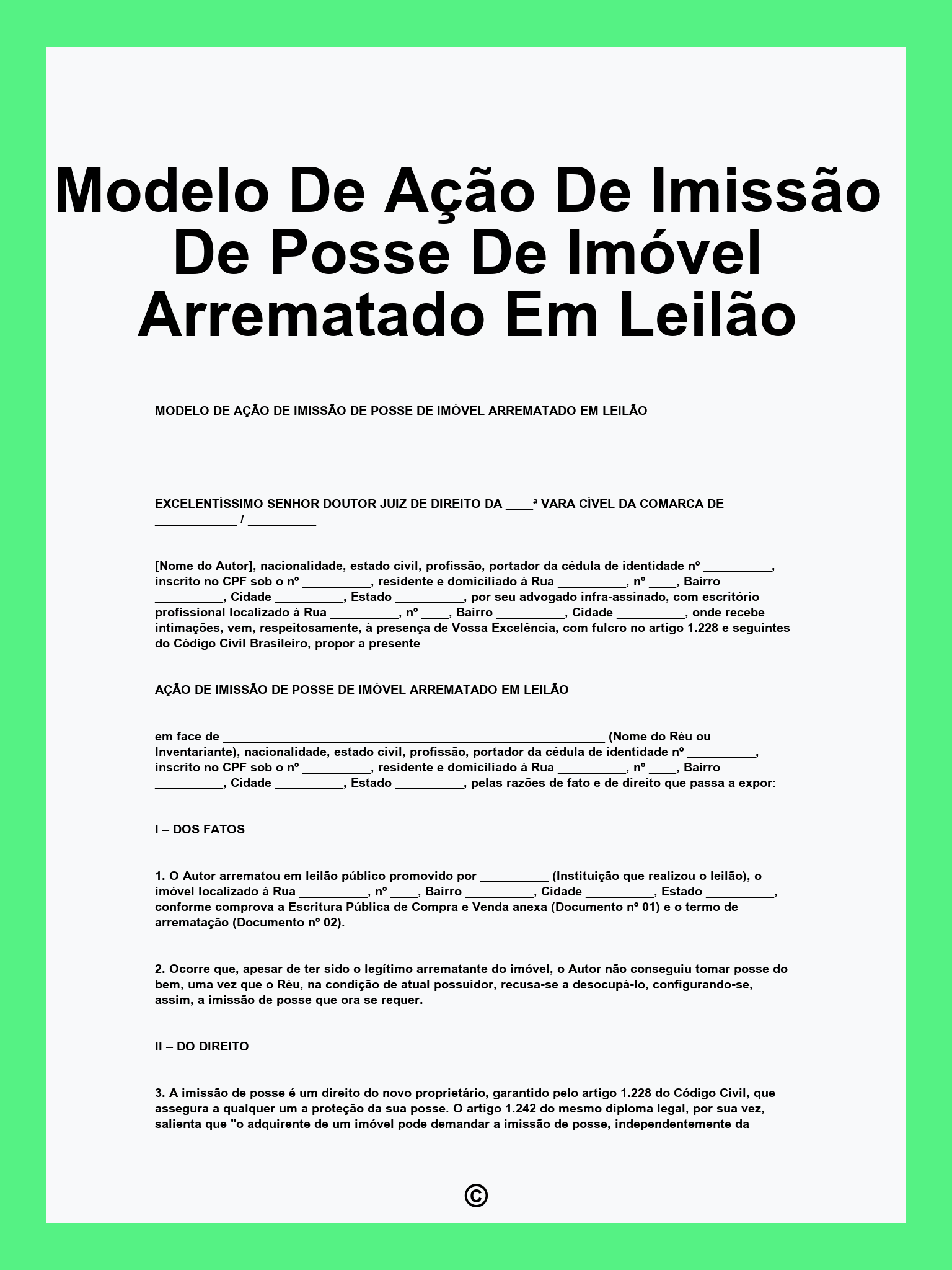 Modelo De Ação De Imissão De Posse De Imóvel Arrematado Em Leilão