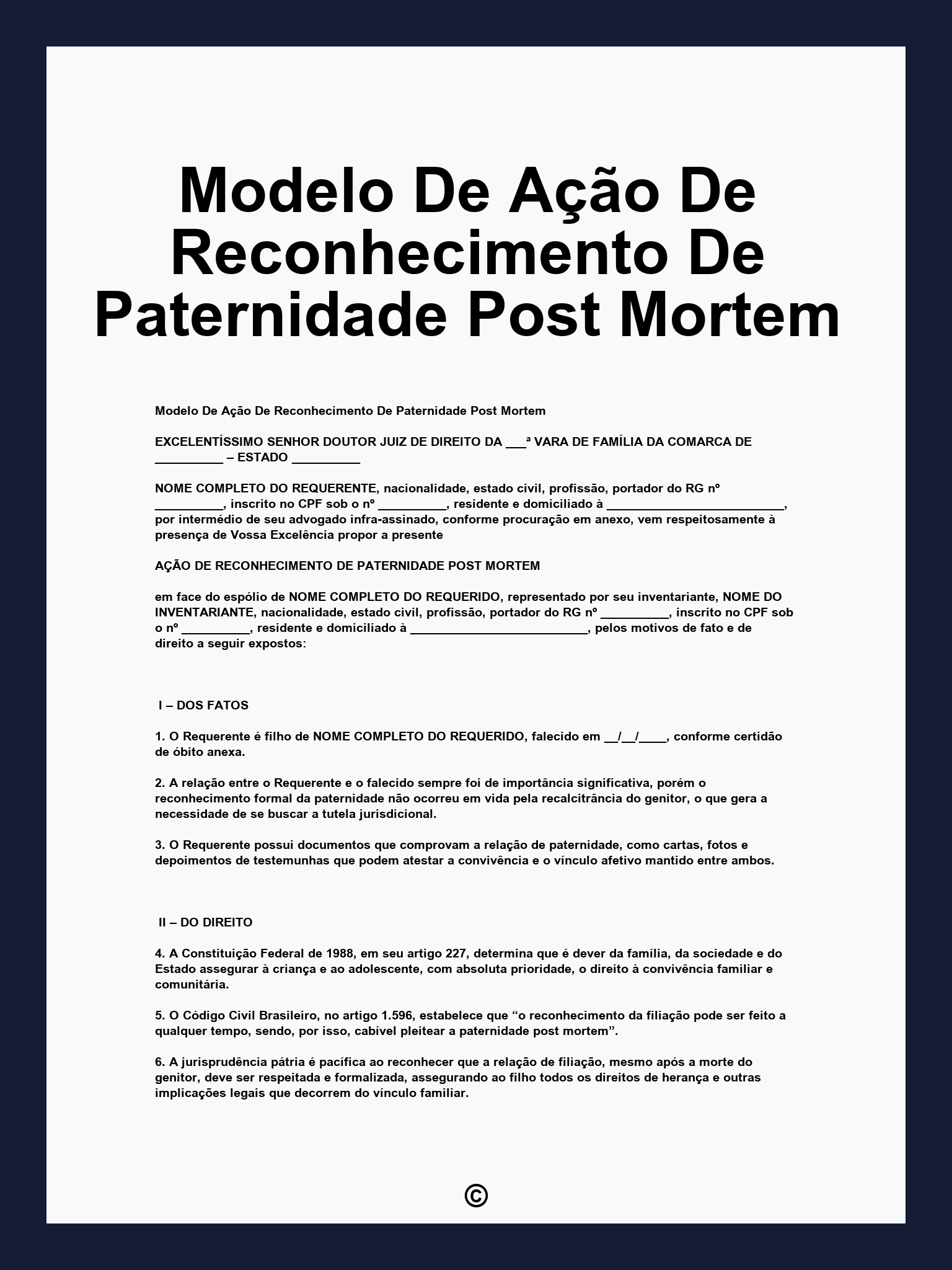 Modelo De Ação De Reconhecimento De Paternidade Post Mortem