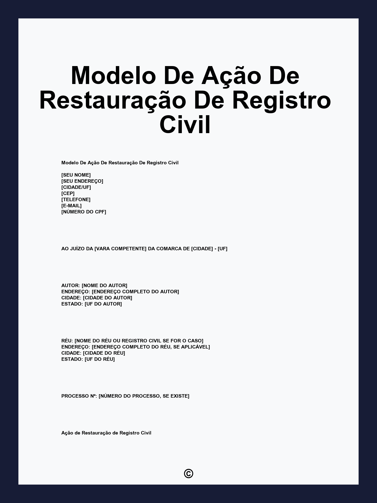 Modelo De Ação De Restauração De Registro Civil