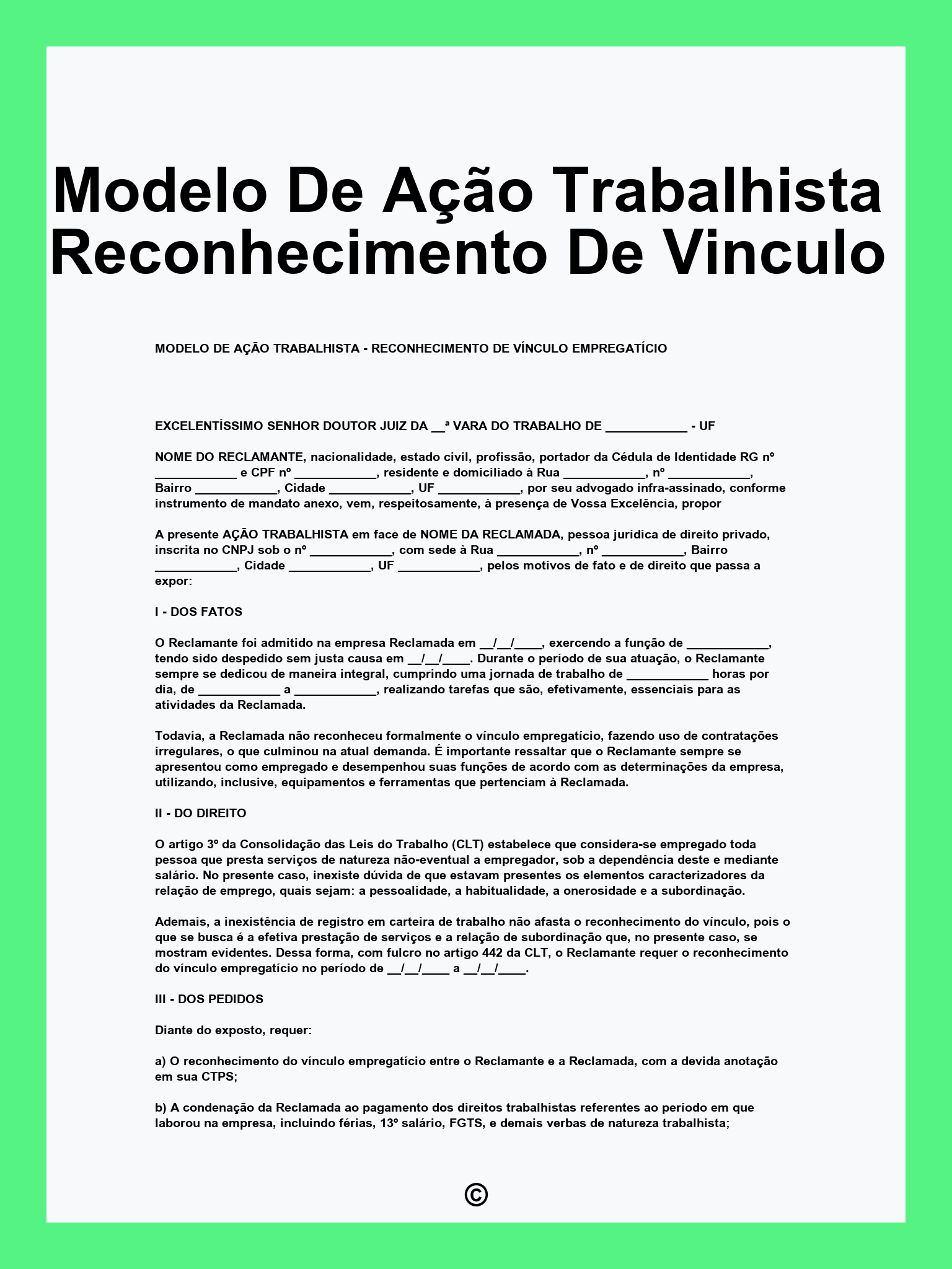 Modelo De Ação Trabalhista Reconhecimento De Vinculo