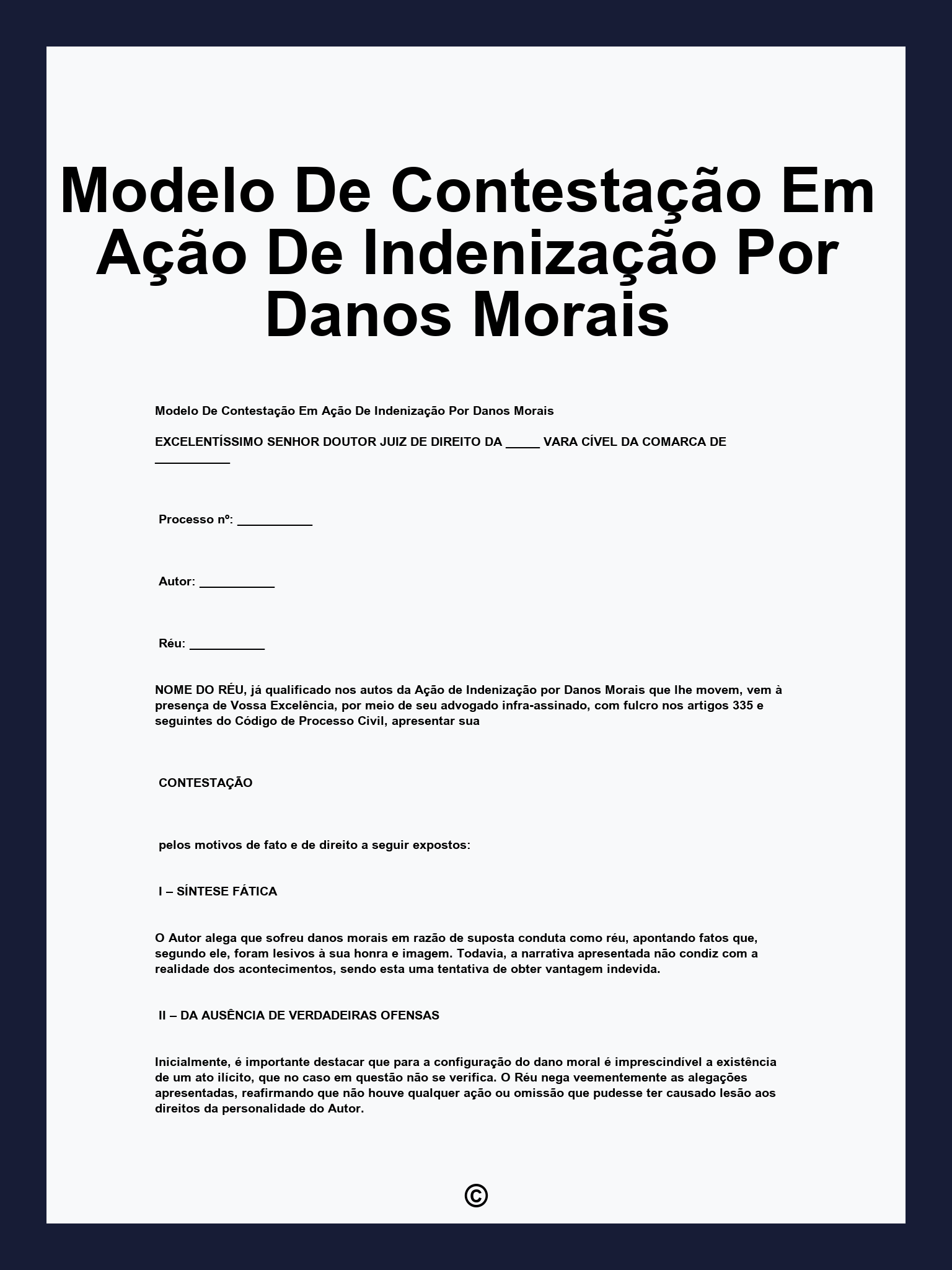 Modelo De Contestação Em Ação De Indenização Por Danos Morais